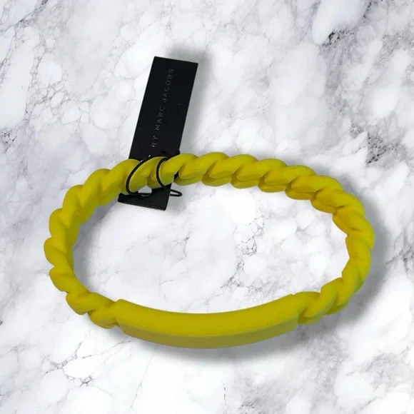 New Marc by Marc Jacobs Bracelet Safety Yellow Stretch Braided Silicone - Picture 2 of 5
